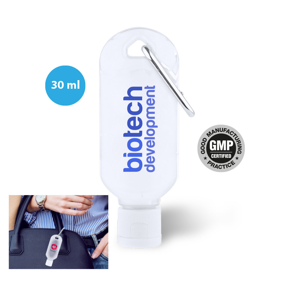 6643_1.jpg 30ML HYDROALCOHOLIC HAND GEL WITH CARABINER – REFILLABLE & GMP CERTIFIED - Image 1
