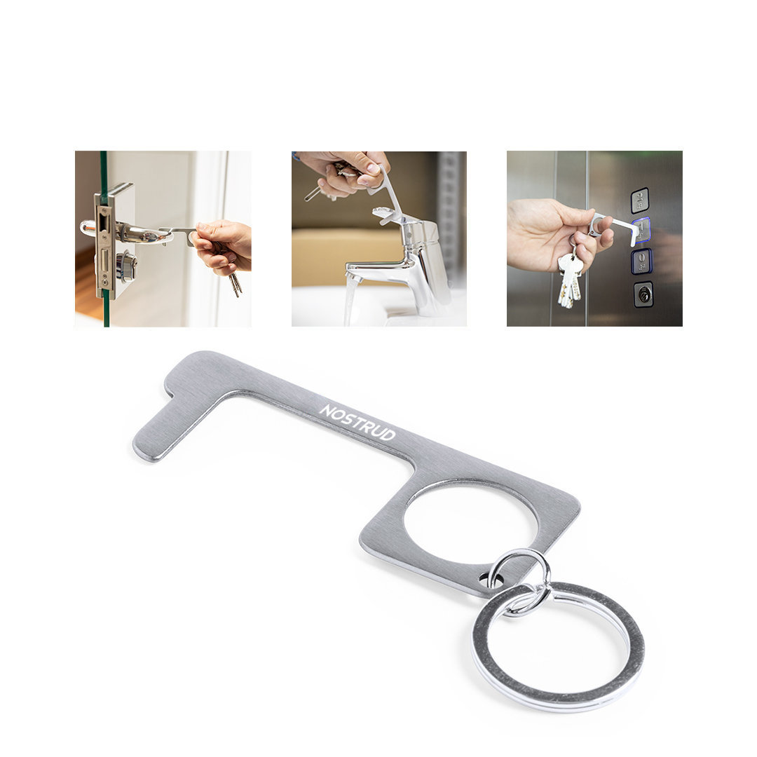 6644_1 SILVER ANTI-CONTACT HYGIENE KEYRING – STAINLESS STEEL TOUCH-FREE TOOL - Image 1